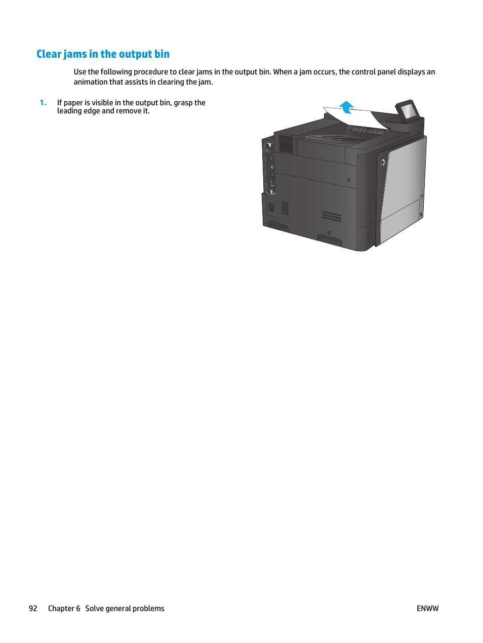 Clear jams in the output bin | HP Color LaserJet Enterprise M651 Printer series User Manual | Page 100 / 114