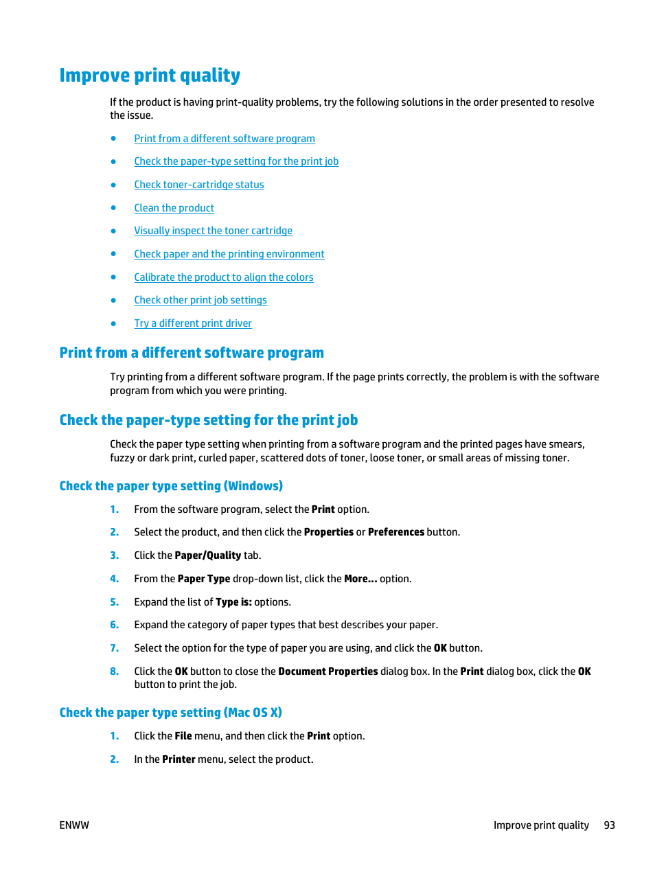 Improve print quality, Print from a different software program, Check the paper-type setting for the print job | Check the paper type setting (windows), Check the paper type setting (mac os x) | HP Color LaserJet Enterprise M651 Printer series User Manual | Page 101 / 114