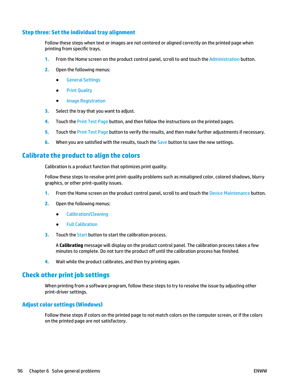 Step three: set the individual tray alignment, Calibrate the product to align the colors, Check other print job settings | Adjust color settings (windows) | HP Color LaserJet Enterprise M651 Printer series User Manual | Page 104 / 114