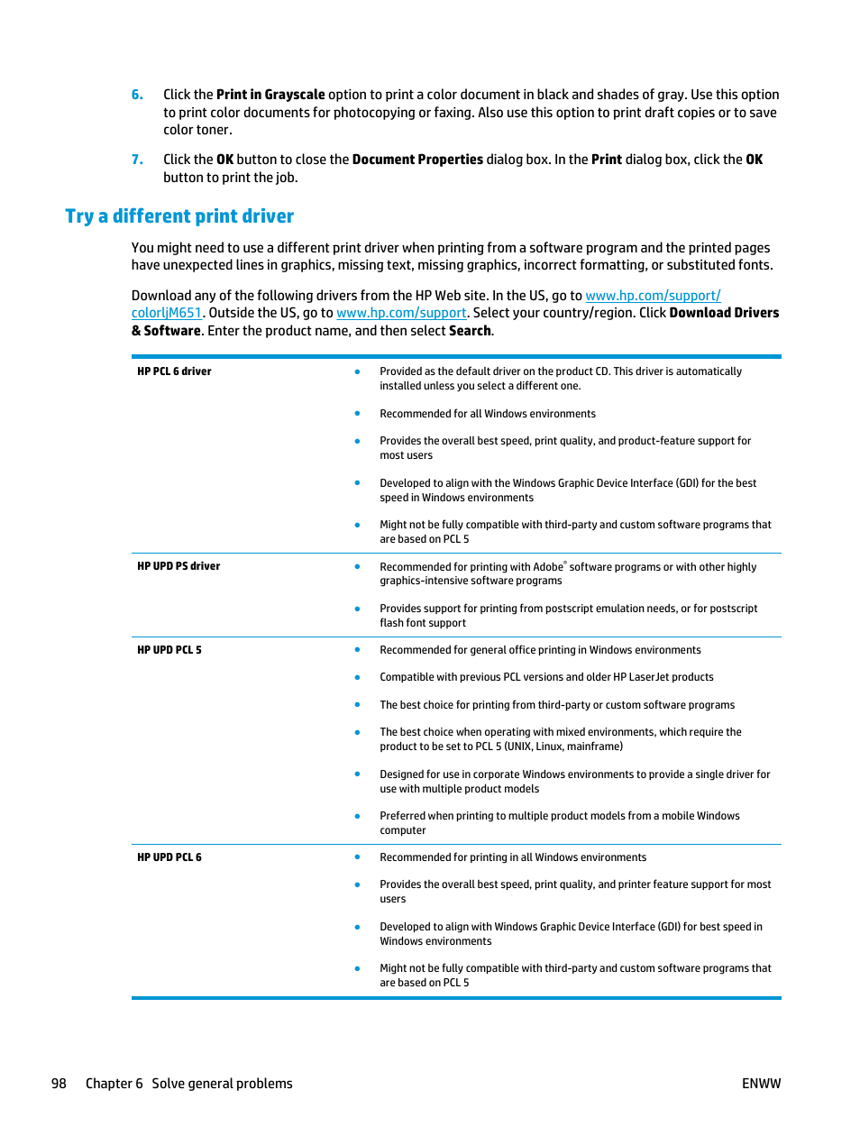 Try a different print driver | HP Color LaserJet Enterprise M651 Printer series User Manual | Page 106 / 114