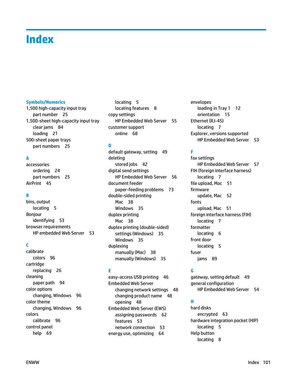 Index | HP Color LaserJet Enterprise M651 Printer series User Manual | Page 109 / 114