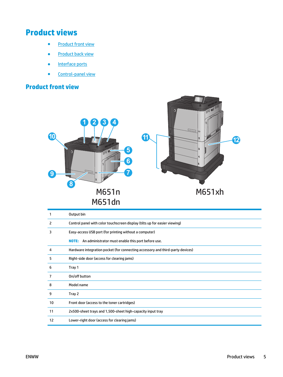 Product views, Product front view | HP Color LaserJet Enterprise M651 Printer series User Manual | Page 13 / 114