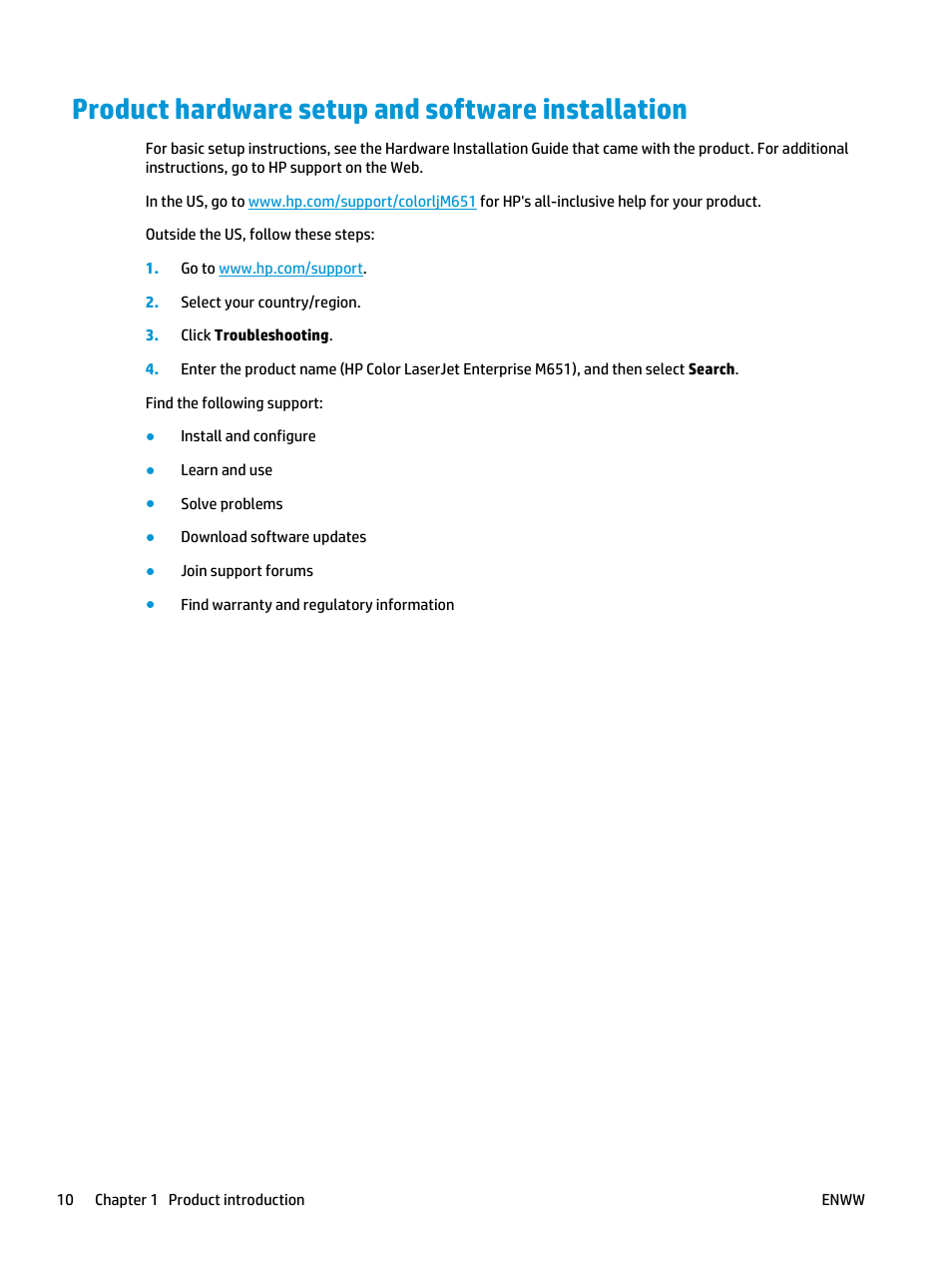 Product hardware setup and software installation | HP Color LaserJet Enterprise M651 Printer series User Manual | Page 18 / 114