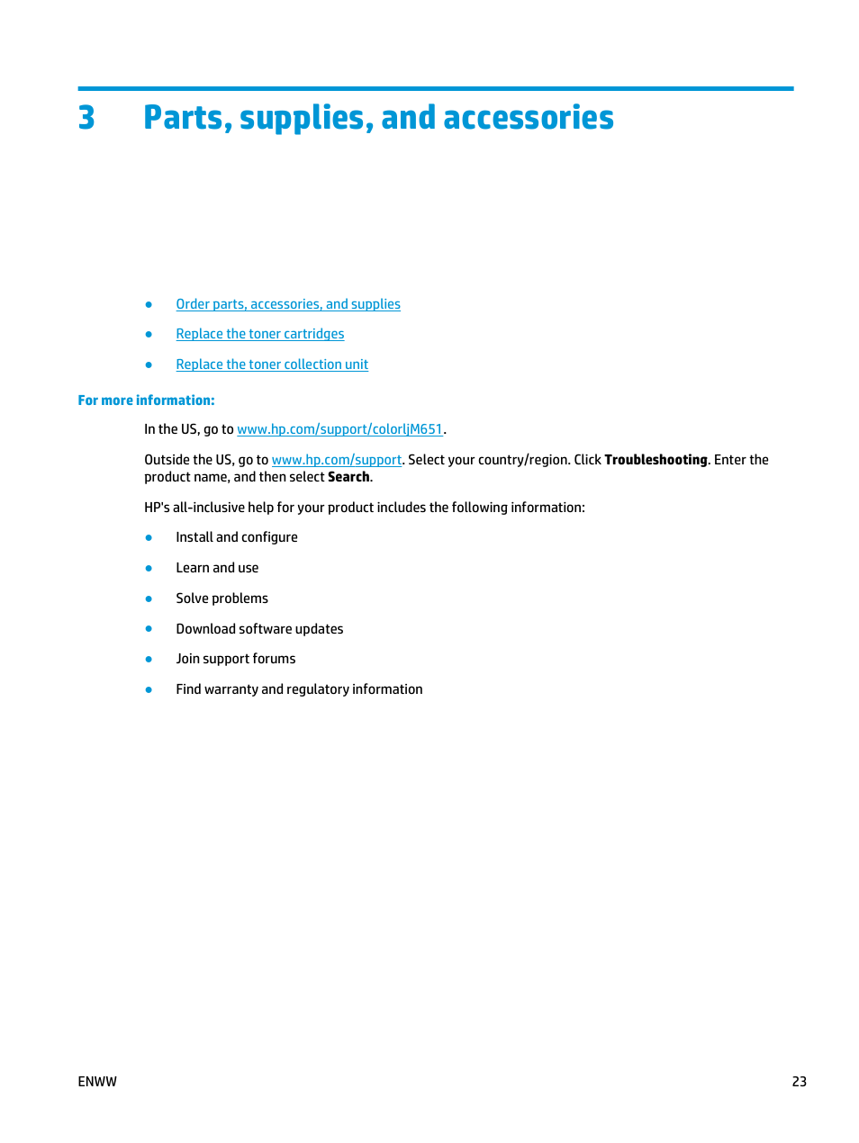Parts, supplies, and accessories, 3 parts, supplies, and accessories, 3parts, supplies, and accessories | HP Color LaserJet Enterprise M651 Printer series User Manual | Page 31 / 114