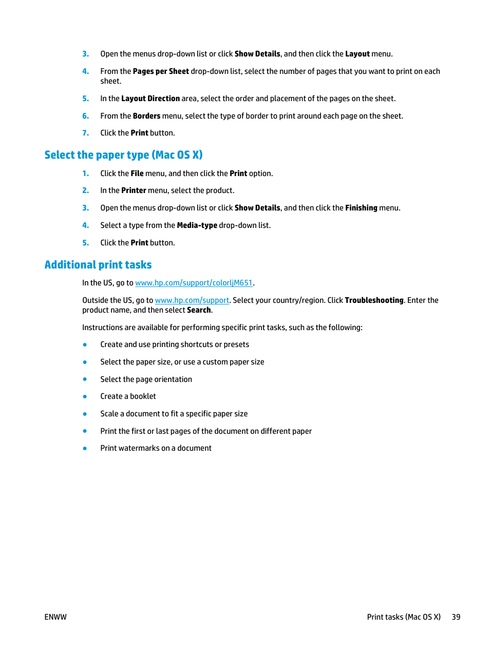 Select the paper type (mac os x), Additional print tasks | HP Color LaserJet Enterprise M651 Printer series User Manual | Page 47 / 114