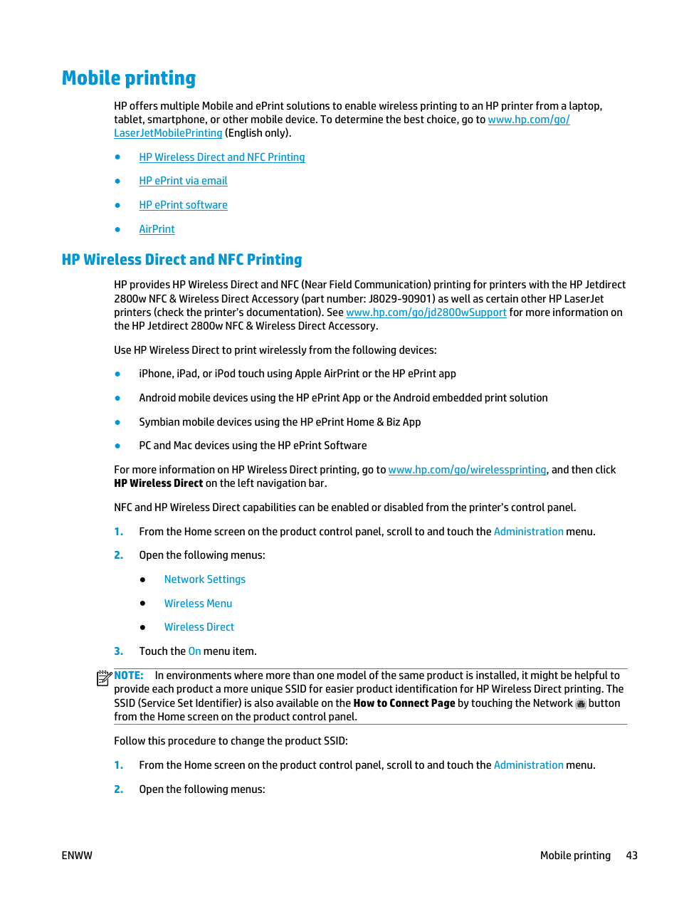 Mobile printing, Hp wireless direct and nfc printing | HP Color LaserJet Enterprise M651 Printer series User Manual | Page 51 / 114