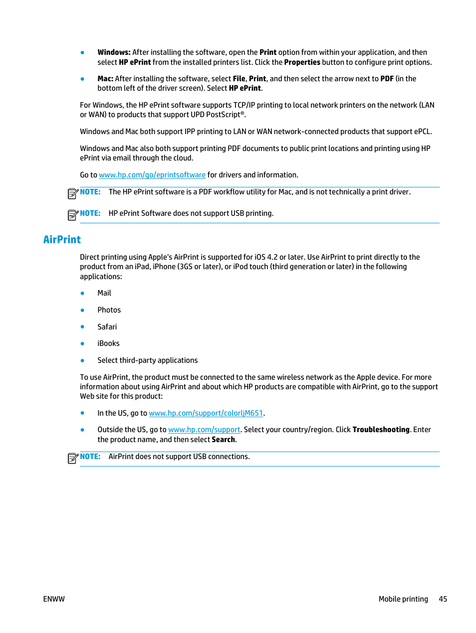 Airprint | HP Color LaserJet Enterprise M651 Printer series User Manual | Page 53 / 114