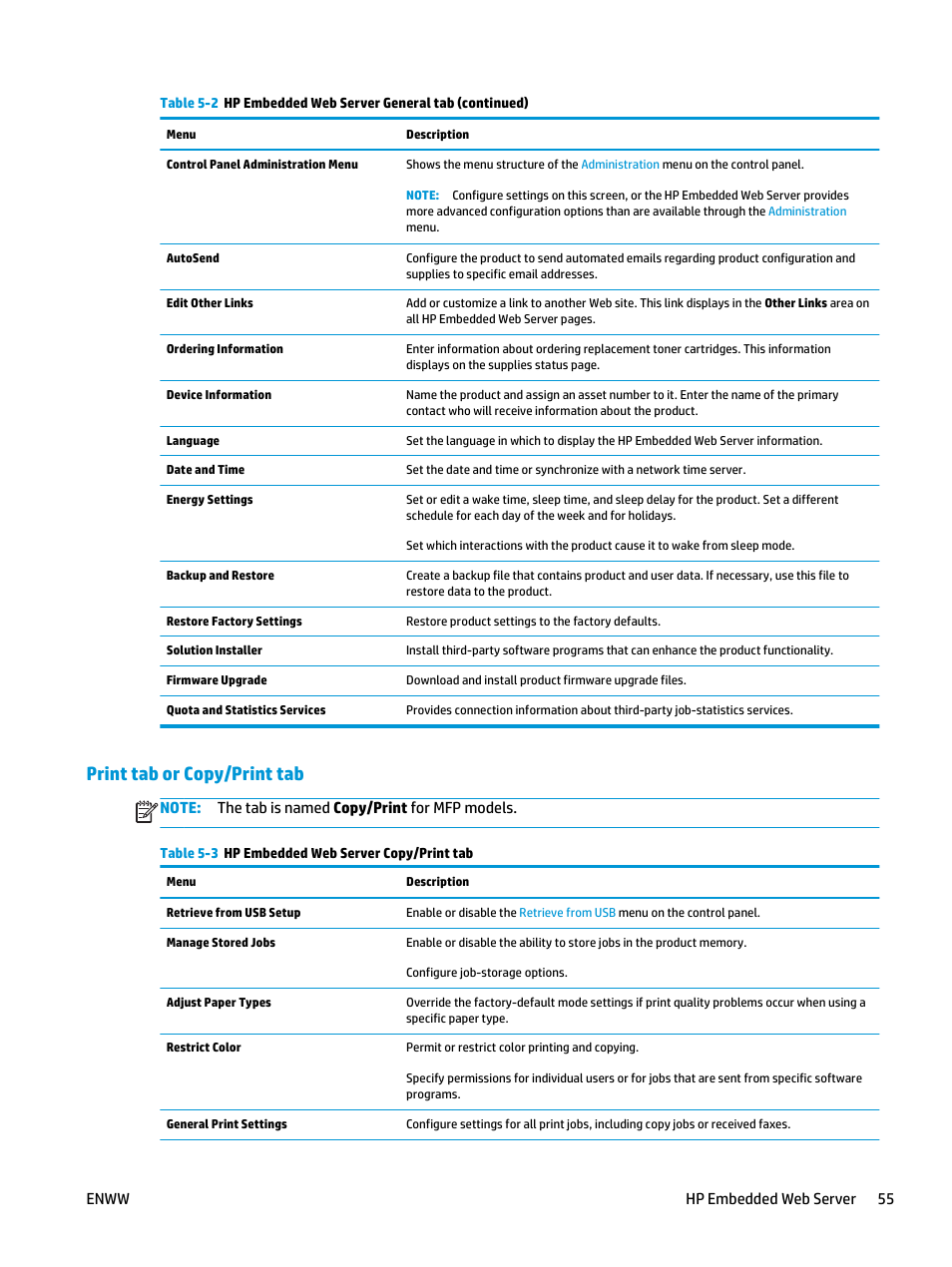 Print tab or copy/print tab, Enww hp embedded web server 55 | HP Color LaserJet Enterprise M651 Printer series User Manual | Page 63 / 114