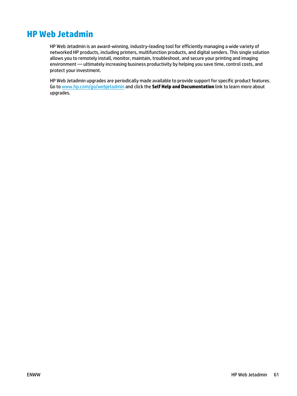 Hp web jetadmin | HP Color LaserJet Enterprise M651 Printer series User Manual | Page 69 / 114