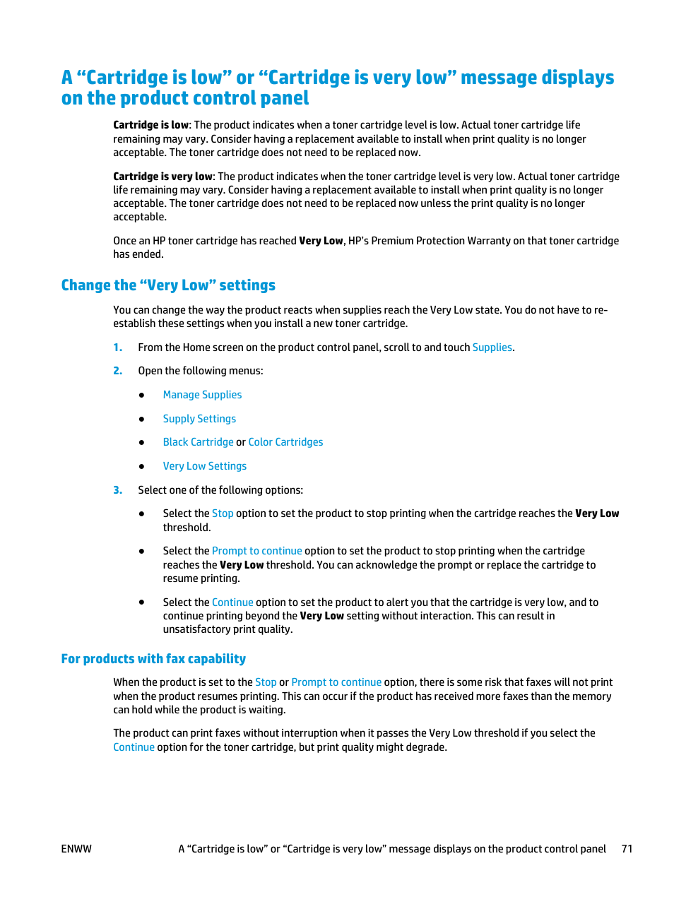 Change the “very low” settings, For products with fax capability | HP Color LaserJet Enterprise M651 Printer series User Manual | Page 79 / 114