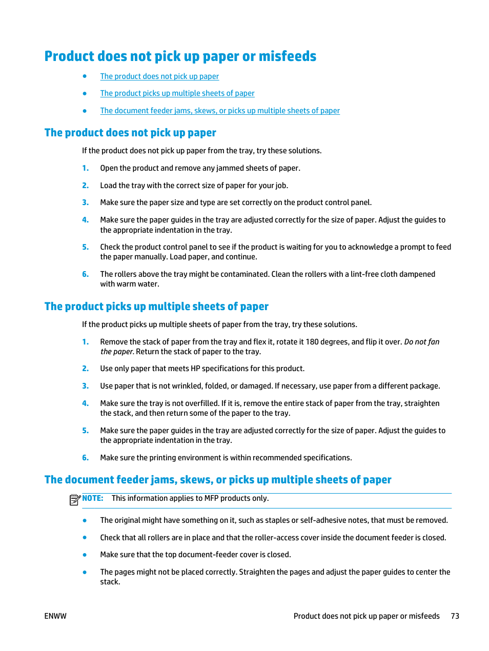 Product does not pick up paper or misfeeds, The product does not pick up paper, The product picks up multiple sheets of paper | HP Color LaserJet Enterprise M651 Printer series User Manual | Page 81 / 114