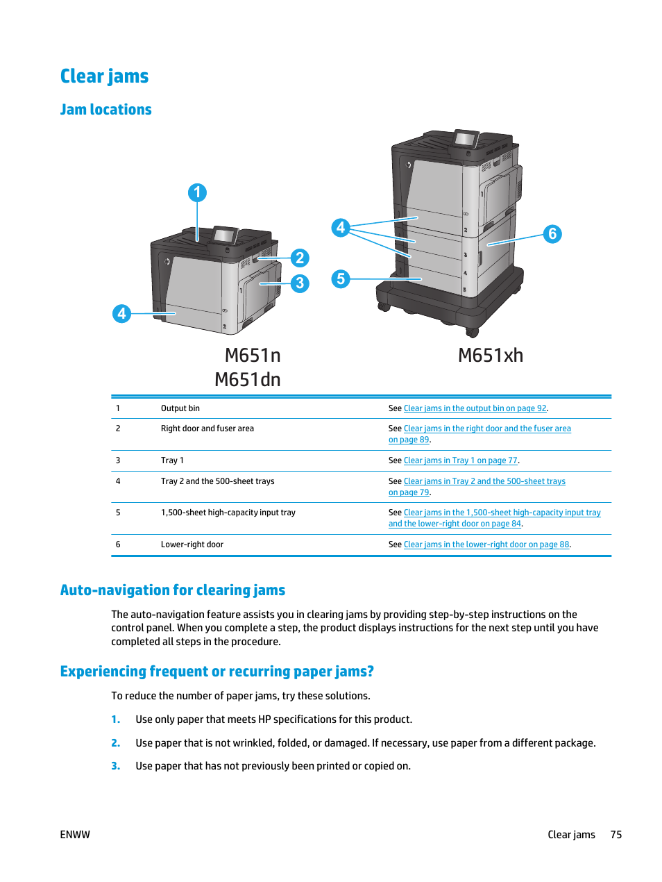 Clear jams, Jam locations, Auto-navigation for clearing jams | Experiencing frequent or recurring paper jams | HP Color LaserJet Enterprise M651 Printer series User Manual | Page 83 / 114