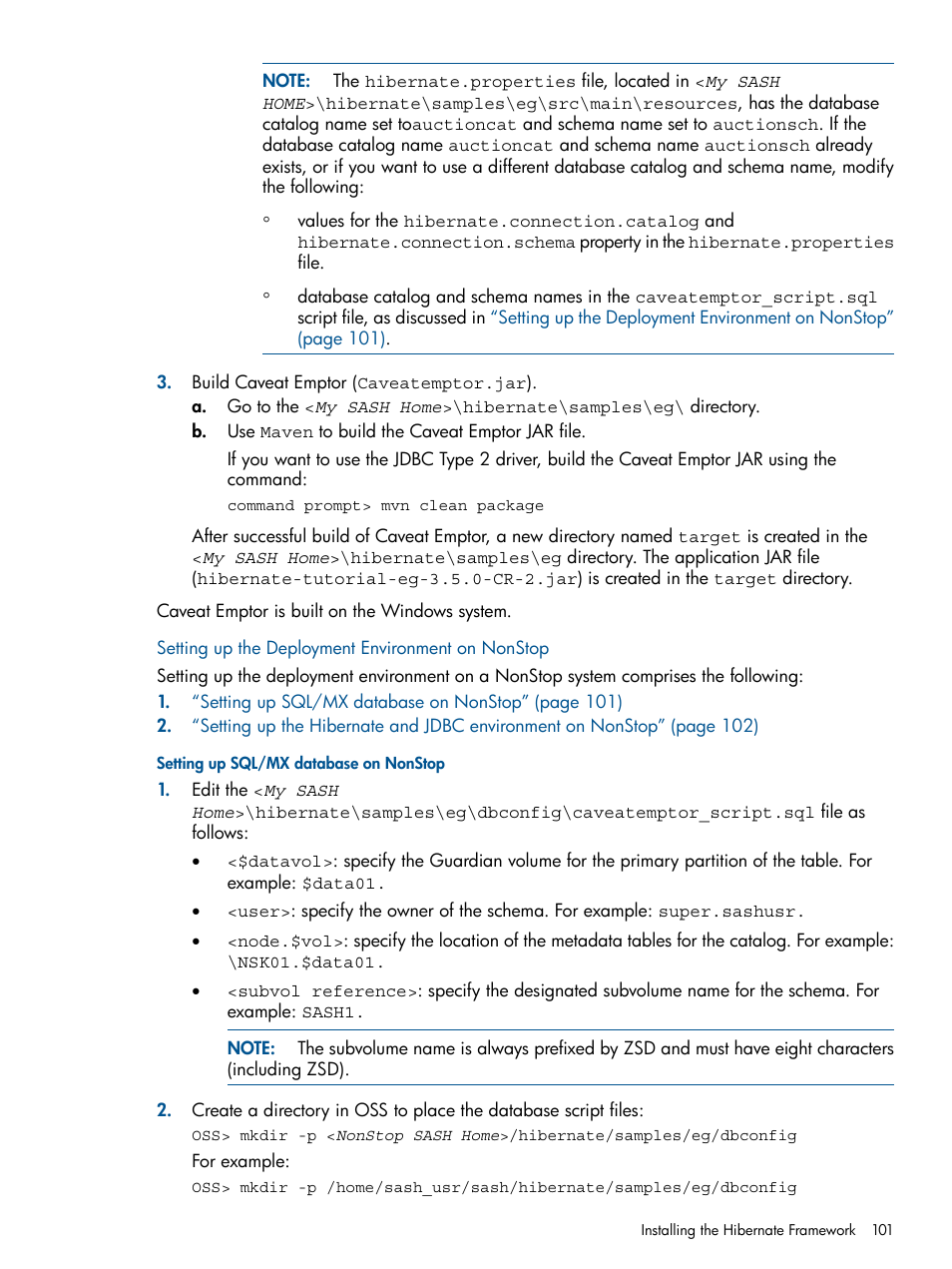 Setting up the deployment environment on nonstop, Setting up sql/mx database on nonstop | HP Integrity NonStop J-Series User Manual | Page 101 / 351