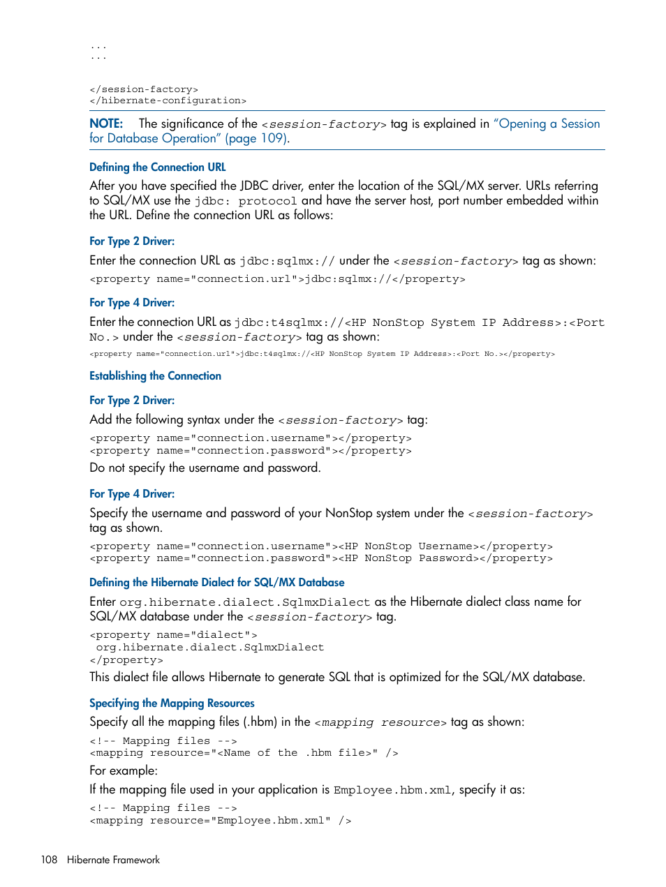 Defining the connection url, Establishing the connection, Defining the hibernate dialect for sql/mx database | Specifying the mapping resources | HP Integrity NonStop J-Series User Manual | Page 108 / 351