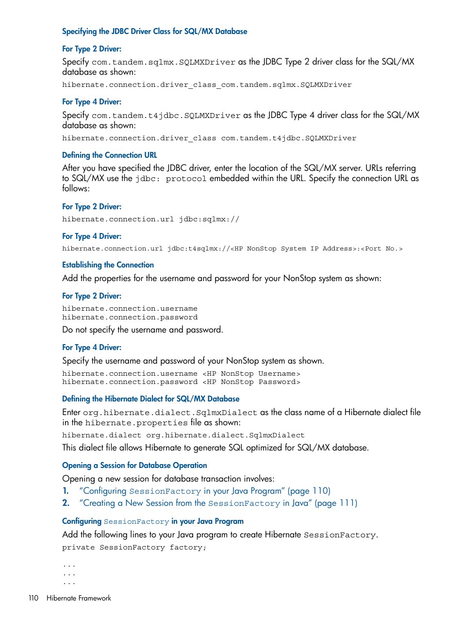 Defining the connection url, Establishing the connection, Defining the hibernate dialect for sql/mx database | Opening a session for database operation, Configuring sessionfactory in your java program | HP Integrity NonStop J-Series User Manual | Page 110 / 351