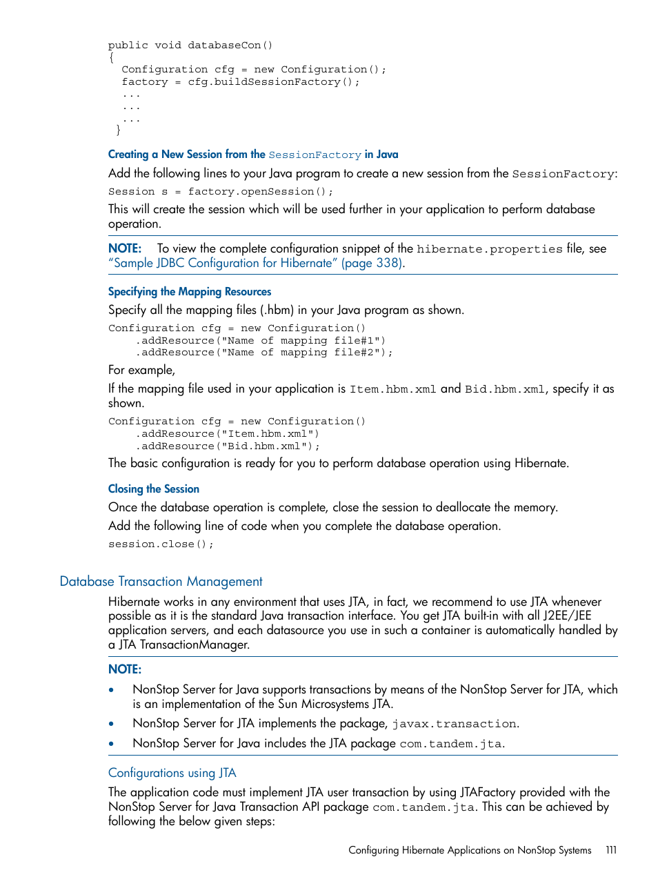 Specifying the mapping resources, Closing the session, Database transaction management | HP Integrity NonStop J-Series User Manual | Page 111 / 351