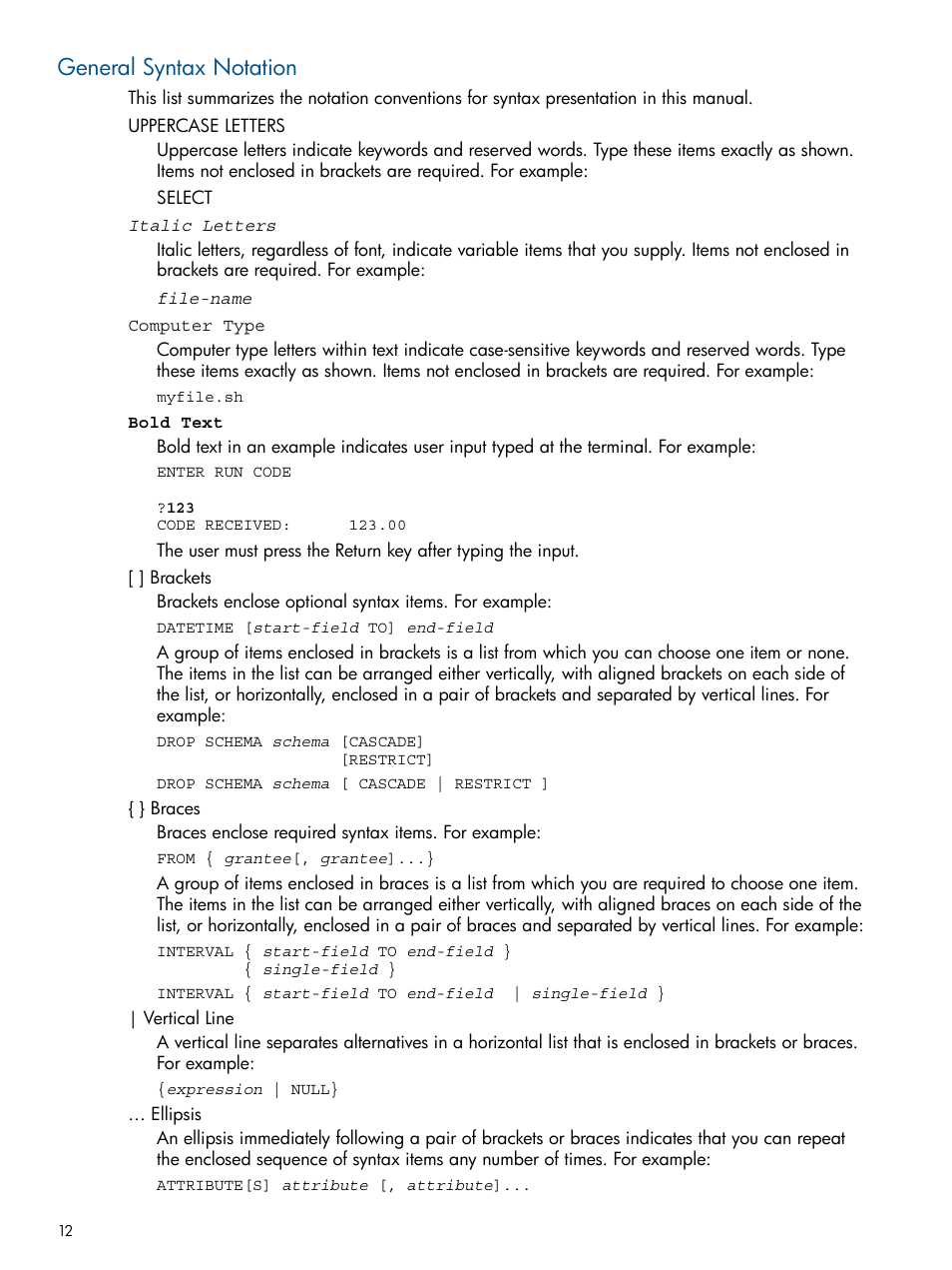 General syntax notation | HP Integrity NonStop J-Series User Manual | Page 12 / 351