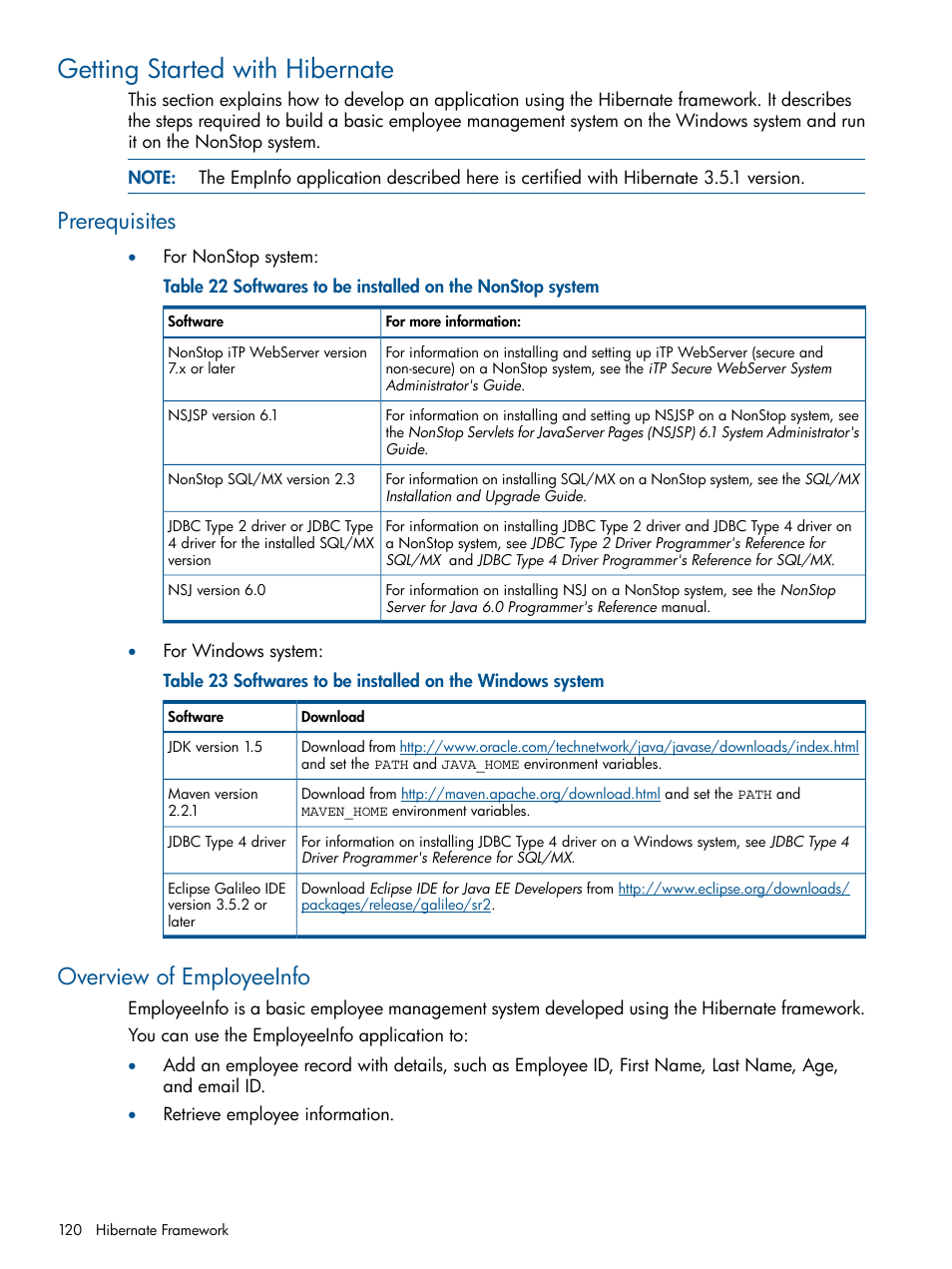Getting started with hibernate, Prerequisites, Overview of empioyeeinfo | Prerequisites overview of empioyeeinfo | HP Integrity NonStop J-Series User Manual | Page 120 / 351