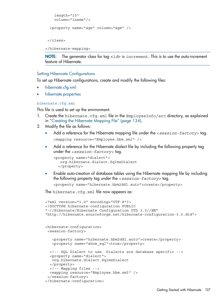 Setting hibernate configurations, Hibernate.cfg.xml | HP Integrity NonStop J-Series User Manual | Page 137 / 351