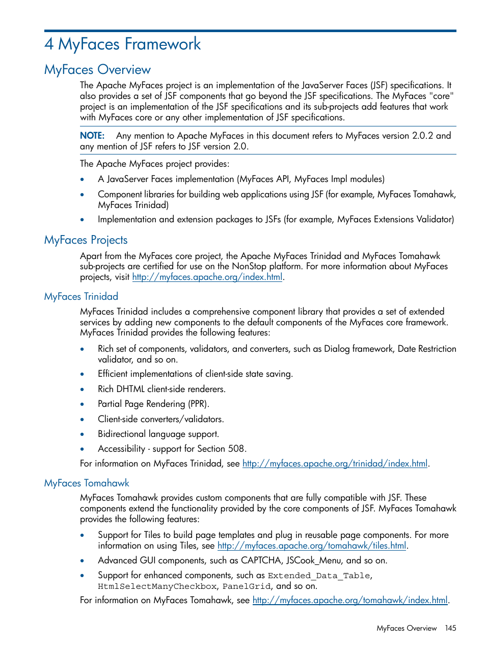 4 myfaces framework, Myfaces overview, Myfaces projects | Myfaces trinidad, Myfaces tomahawk, Chapter 4: myfaces framework | HP Integrity NonStop J-Series User Manual | Page 145 / 351