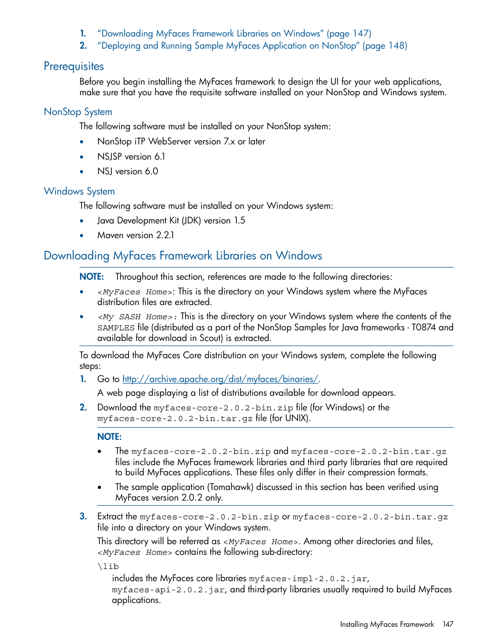 Prerequisites, Nonstop system, Windows system | Downloading myfaces framework libraries on windows | HP Integrity NonStop J-Series User Manual | Page 147 / 351