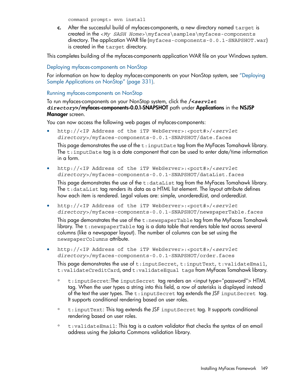 Deploying myfaces-components on nonstop, Running myfaces-components on nonstop | HP Integrity NonStop J-Series User Manual | Page 149 / 351