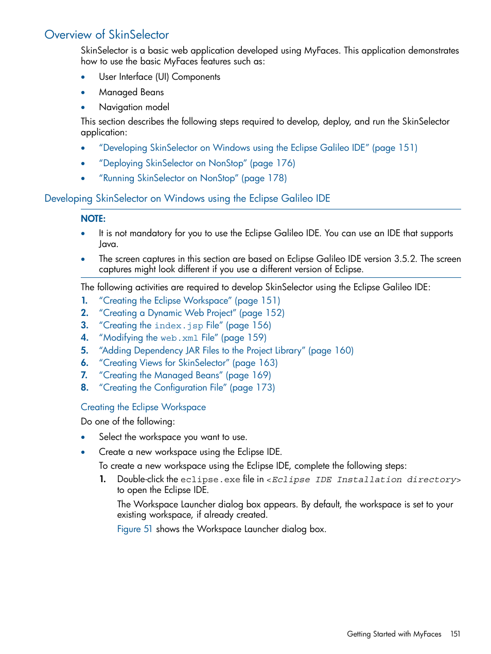 Overview of skinselector, Creating the eclipse workspace | HP Integrity NonStop J-Series User Manual | Page 151 / 351