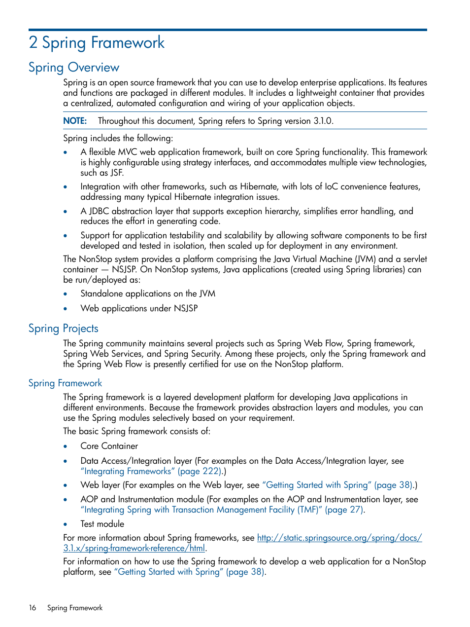 2 spring framework, Spring overview, Spring projects | Spring framework, Chapter 2: spring framework | HP Integrity NonStop J-Series User Manual | Page 16 / 351