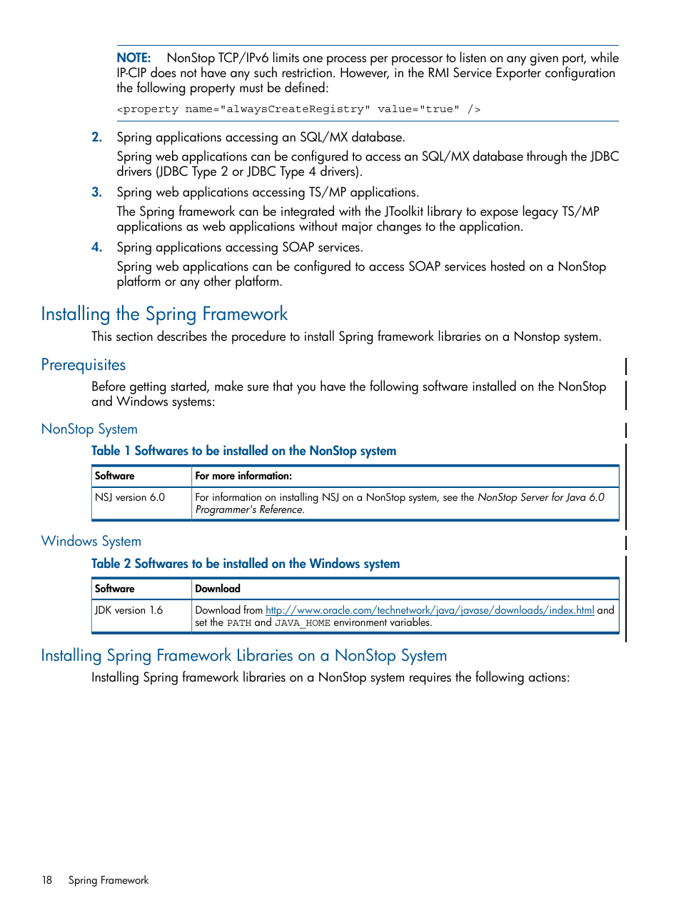 Installing the spring framework, Prerequisites, Nonstop system | Windows system | HP Integrity NonStop J-Series User Manual | Page 18 / 351