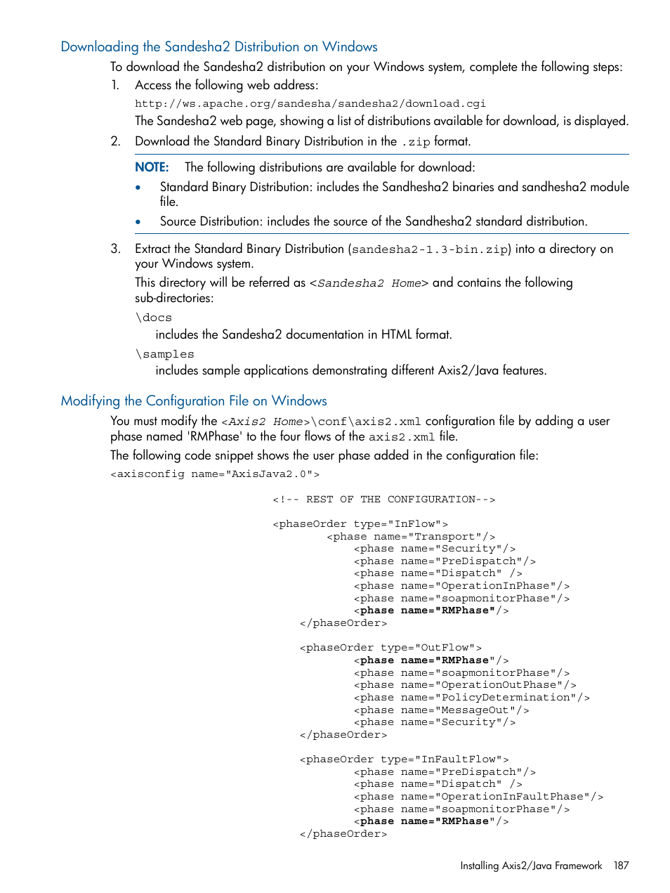 Downloading the sandesha2 distribution on windows, Modifying the configuration file on windows | HP Integrity NonStop J-Series User Manual | Page 187 / 351