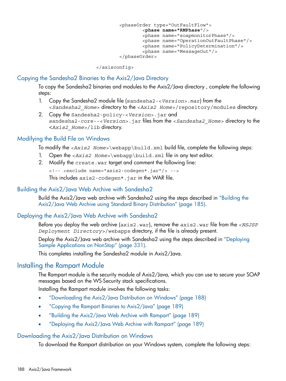 Modifying the build file on windows, Building the axis2/java web archive with sandesha2, Installing the rampart module | Downloading the axis2/java distribution on windows | HP Integrity NonStop J-Series User Manual | Page 188 / 351