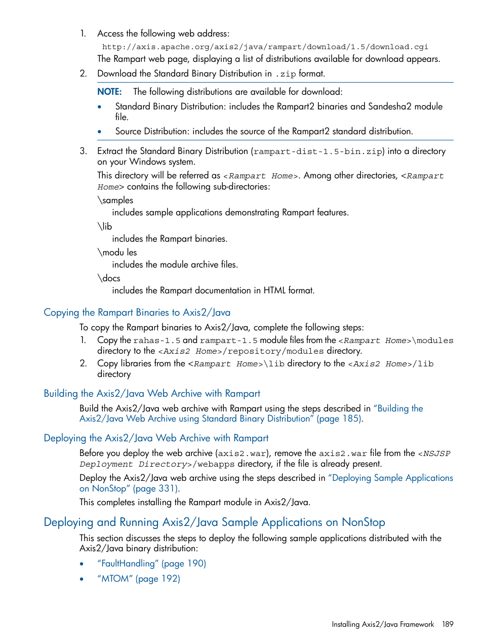 Copying the rampart binaries to axis2/java, Building the axis2/java web archive with rampart, Deploying the axis2/java web archive with rampart | HP Integrity NonStop J-Series User Manual | Page 189 / 351