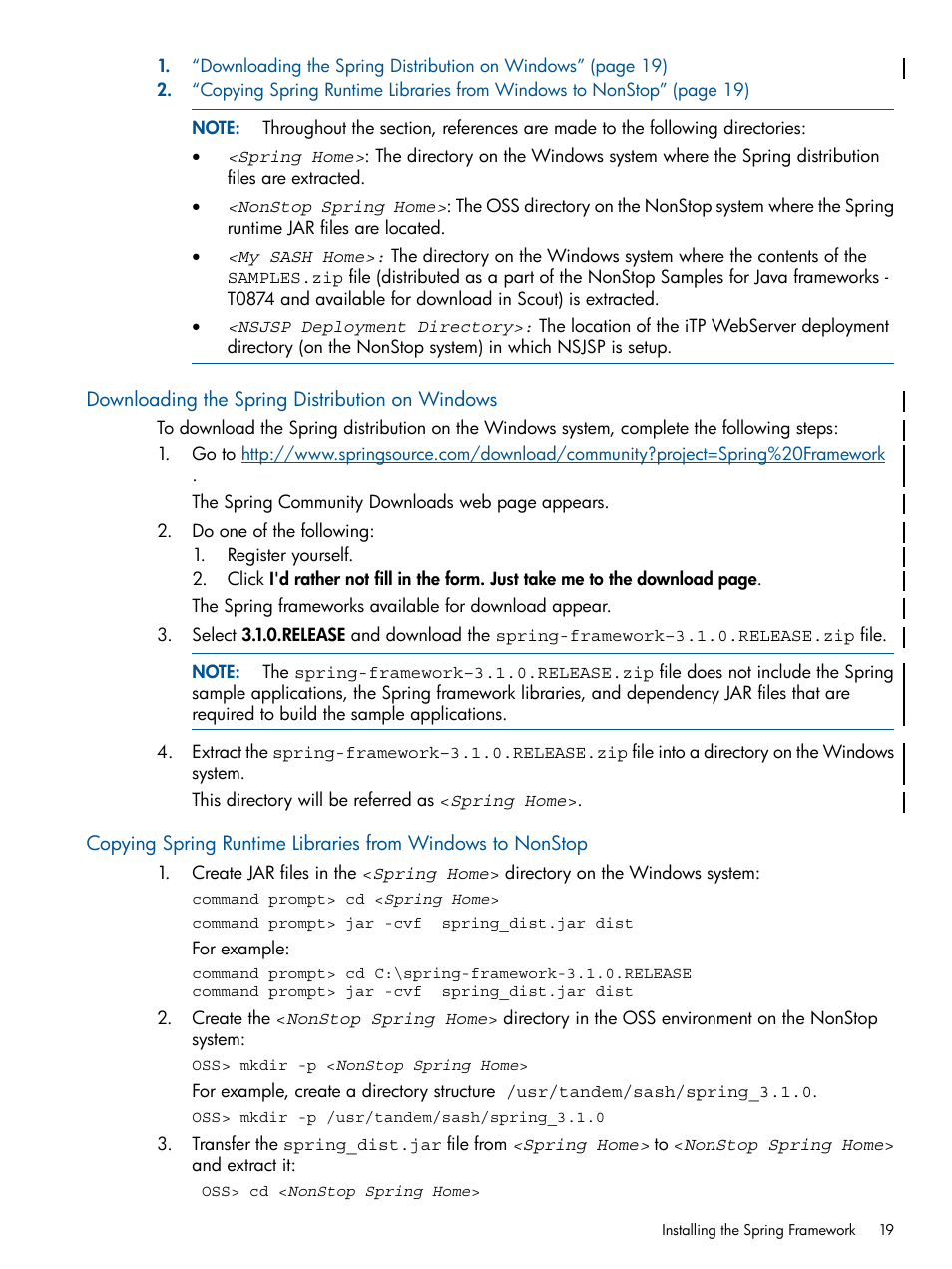 Downloading​​ the spring distribution on windows, Downloading the spring distribution on | HP Integrity NonStop J-Series User Manual | Page 19 / 351