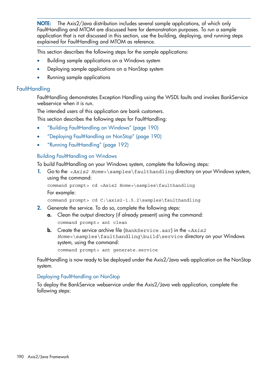 Faulthandling, Building faulthandling on windows, Deploying faulthandling on nonstop | HP Integrity NonStop J-Series User Manual | Page 190 / 351
