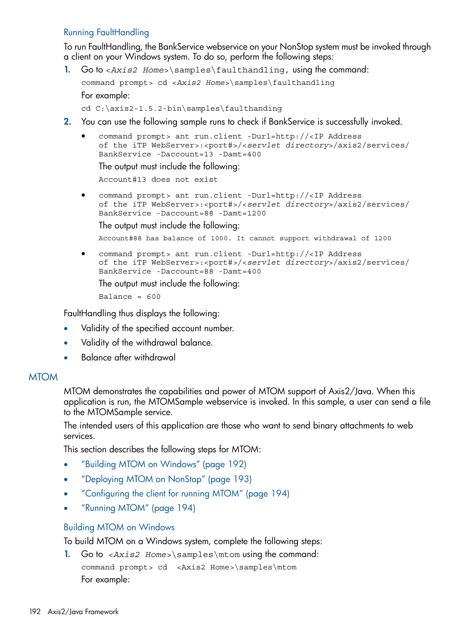 Running faulthandling, Mtom, Building mtom on windows | HP Integrity NonStop J-Series User Manual | Page 192 / 351