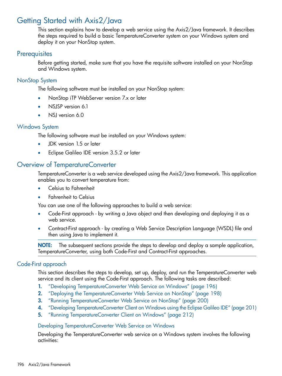 Getting started with axis2/java, Prerequisites, Nonstop system | Windows system, Overview of temperatureconverter, Code-first approach, Prerequisites overview of temperatureconverter, Getting started with | HP Integrity NonStop J-Series User Manual | Page 196 / 351