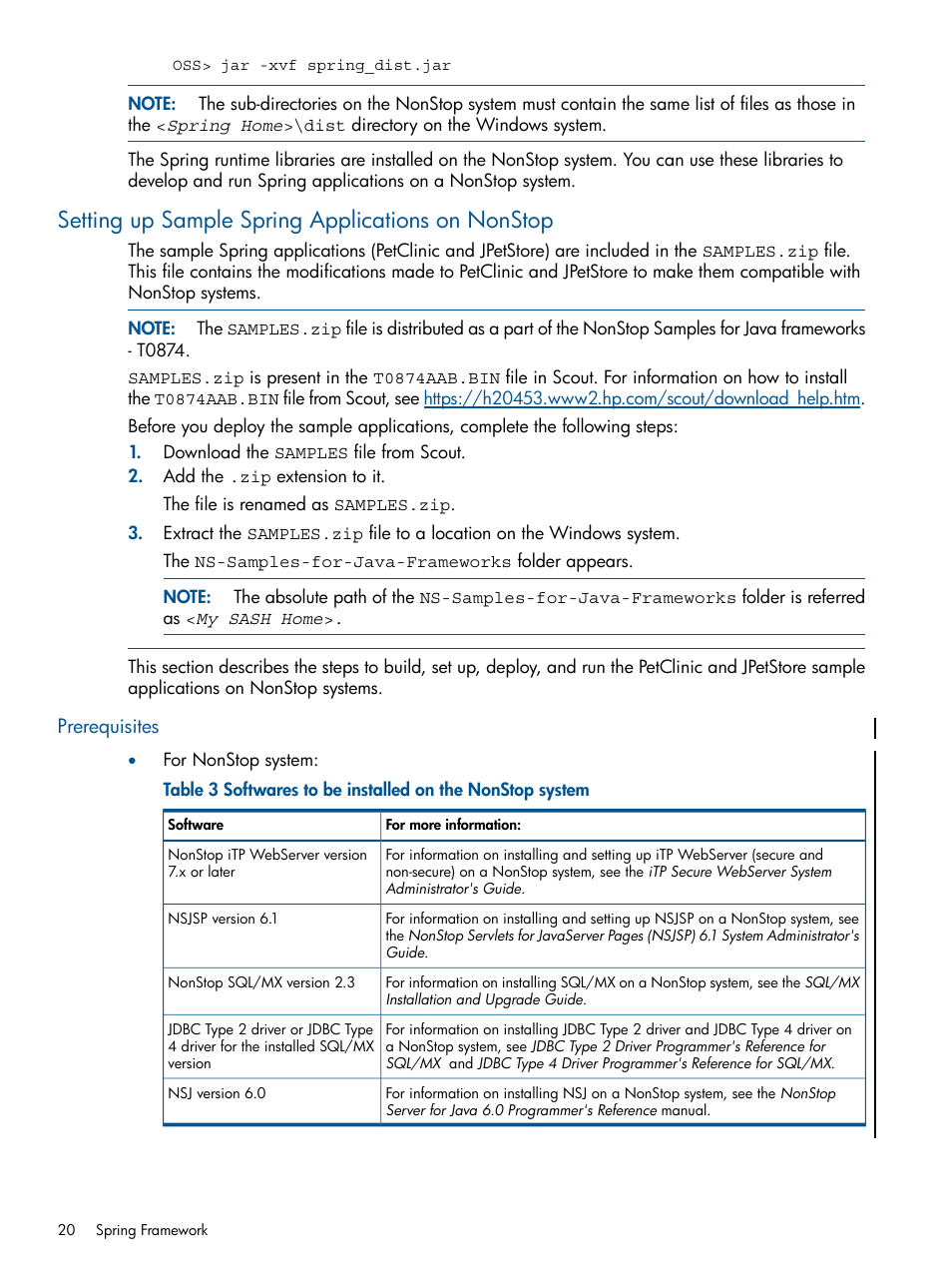 Setting up sample spring applications on nonstop, Prerequisites, Setting up sample spring | HP Integrity NonStop J-Series User Manual | Page 20 / 351