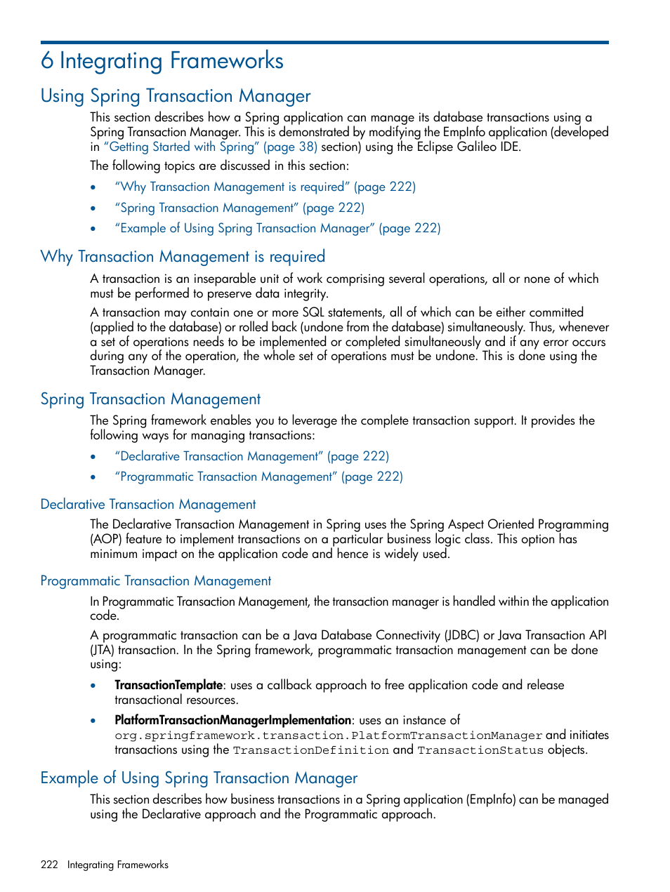 6 integrating frameworks, Using spring transaction manager, Why transaction management is required | Spring transaction management, Declarative transaction management, Programmatic transaction management, Example of using spring transaction manager, Chapter 6: integrating frameworks | HP Integrity NonStop J-Series User Manual | Page 222 / 351