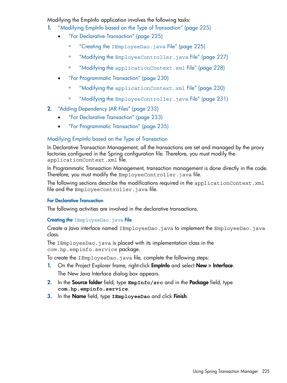 Modifying empinfo based on the type of transaction, For declarative transaction, Creating the iemployeedao.java file | HP Integrity NonStop J-Series User Manual | Page 225 / 351