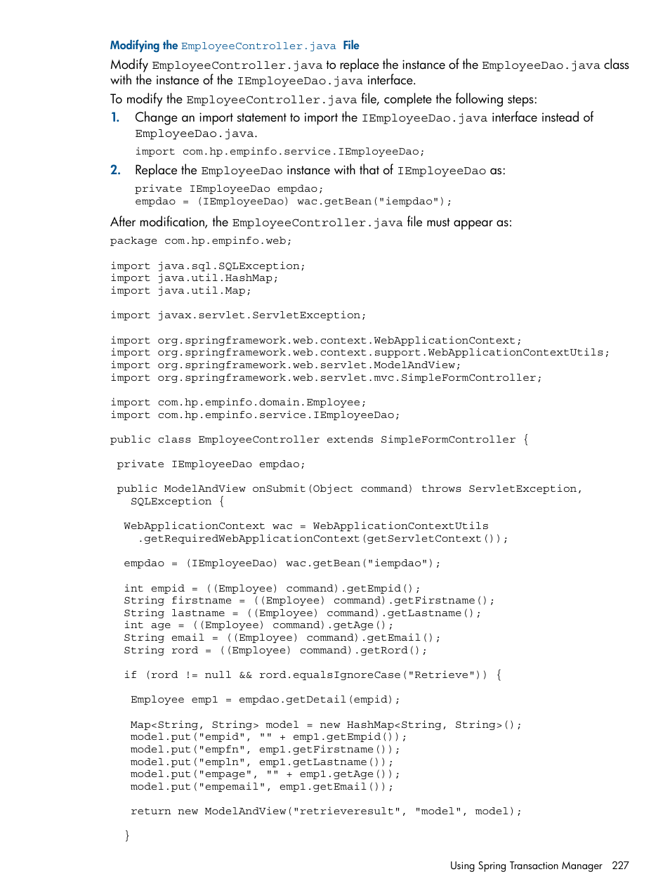 Modifying the employeecontroller.java file | HP Integrity NonStop J-Series User Manual | Page 227 / 351