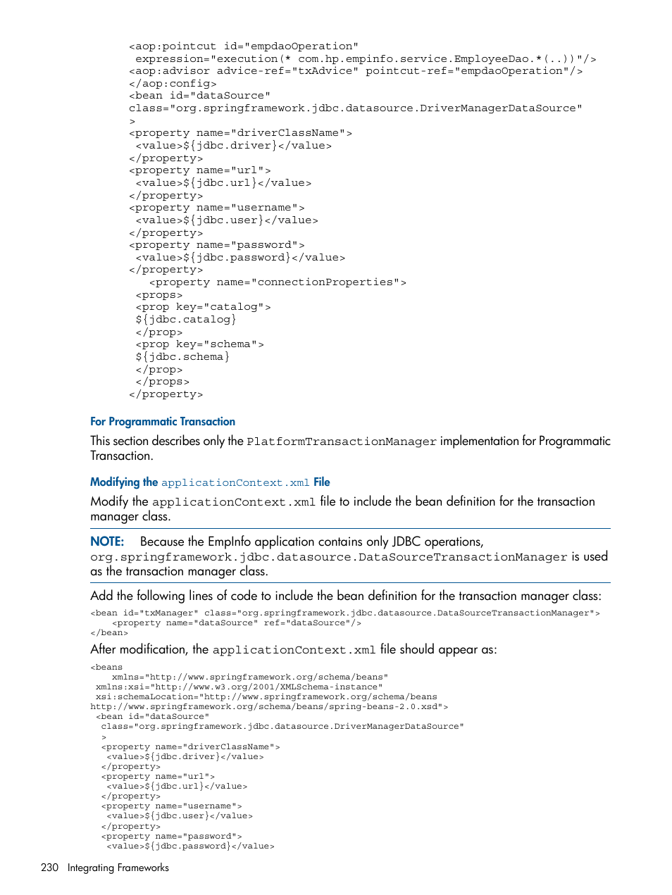 For programmatic transaction, Modifying the applicationcontext.xml file | HP Integrity NonStop J-Series User Manual | Page 230 / 351