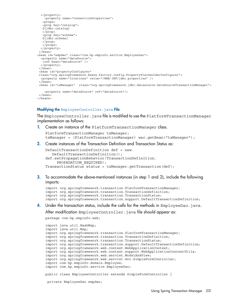 Modifying the employeecontroller.java file | HP Integrity NonStop J-Series User Manual | Page 231 / 351