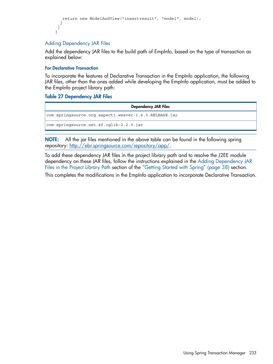 Adding dependency jar files, For declarative transaction | HP Integrity NonStop J-Series User Manual | Page 233 / 351