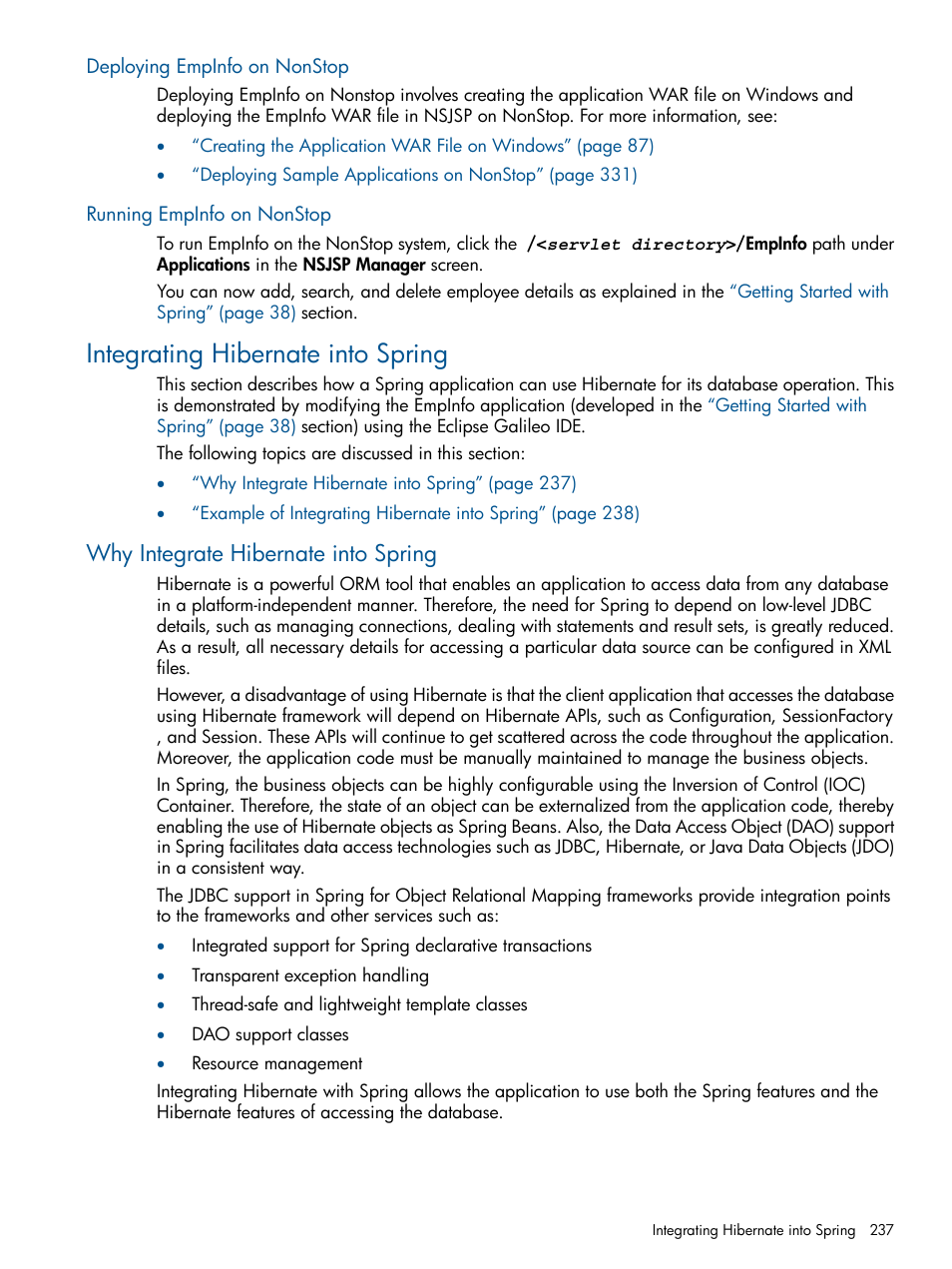 Deploying empinfo on nonstop, Running empinfo on nonstop, Integrating hibernate into spring | Why integrate hibernate into spring | HP Integrity NonStop J-Series User Manual | Page 237 / 351