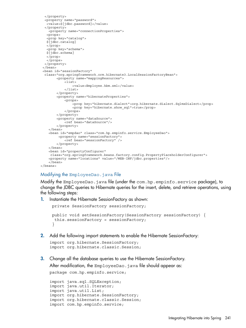 Modifying the employeedao.java file | HP Integrity NonStop J-Series User Manual | Page 241 / 351