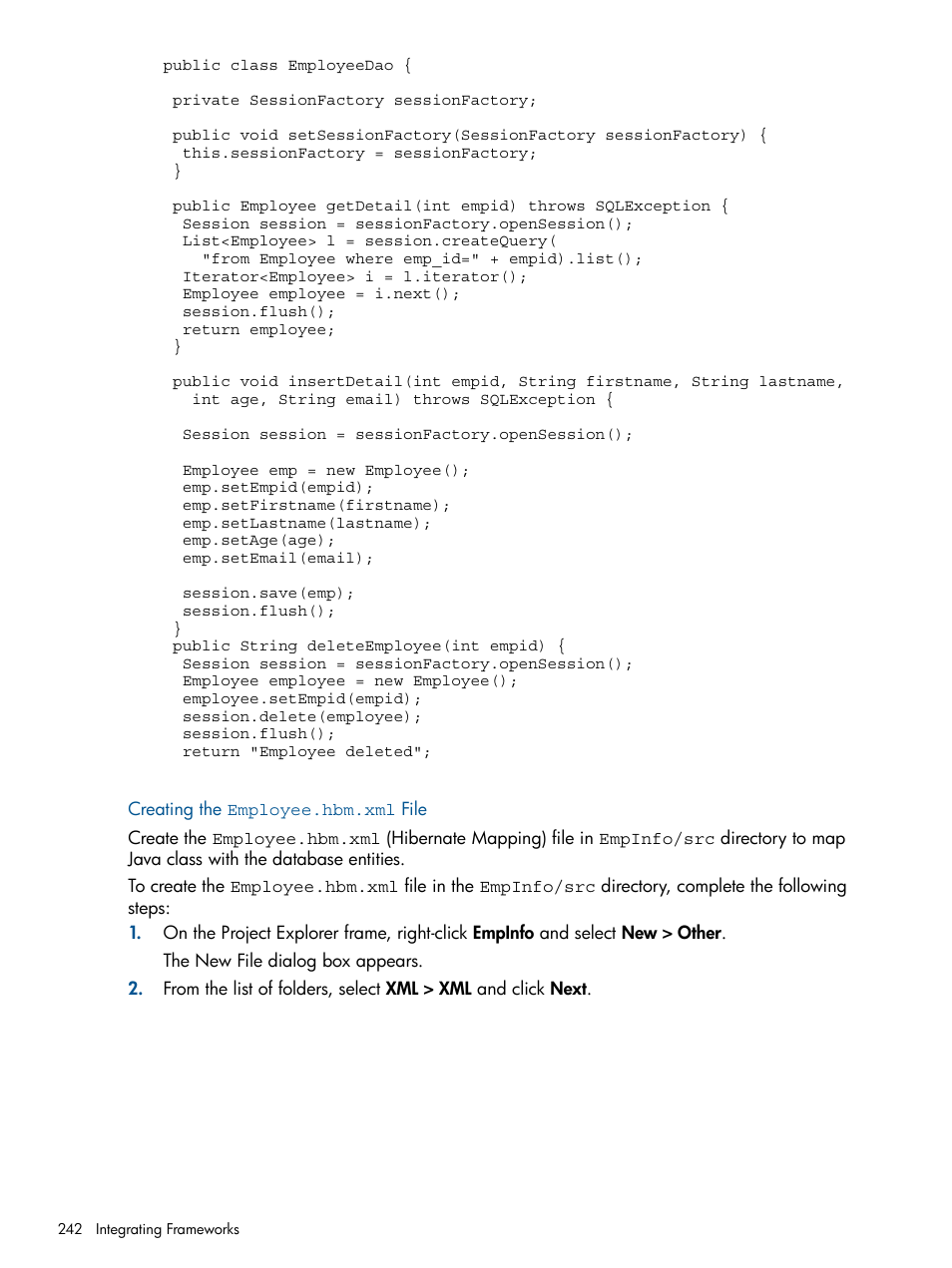 Creating the employee.hbm.xml file | HP Integrity NonStop J-Series User Manual | Page 242 / 351