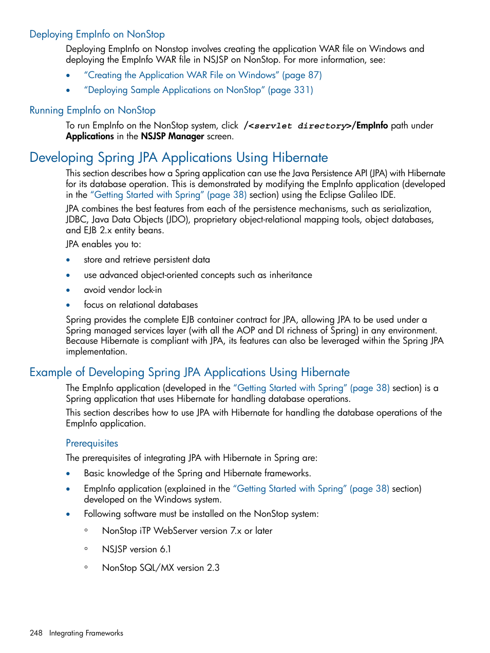Deploying empinfo on nonstop, Running empinfo on nonstop, Developing spring jpa applications using hibernate | HP Integrity NonStop J-Series User Manual | Page 248 / 351