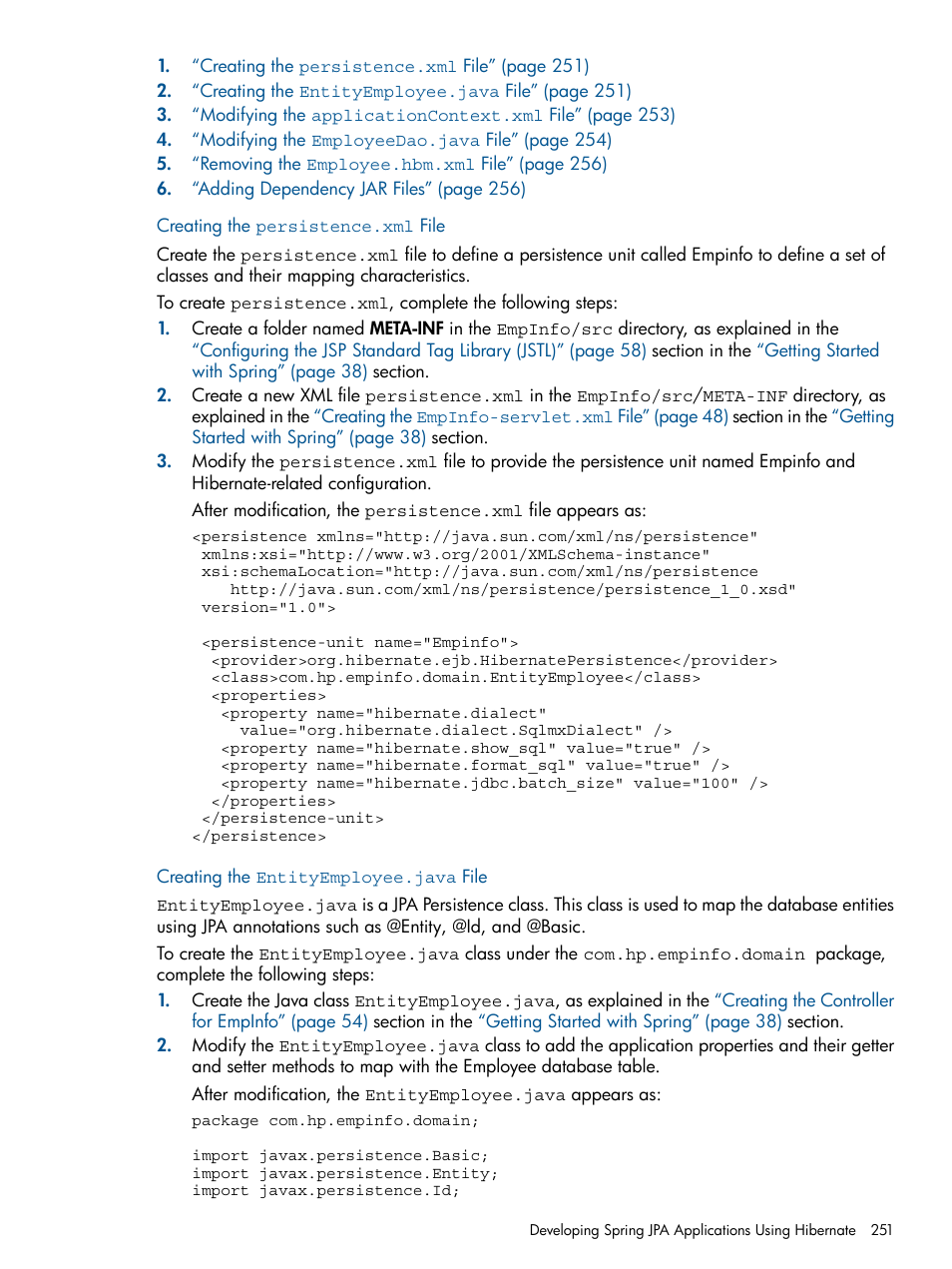 Creating the persistence.xml file, Creating the entityemployee.java file | HP Integrity NonStop J-Series User Manual | Page 251 / 351