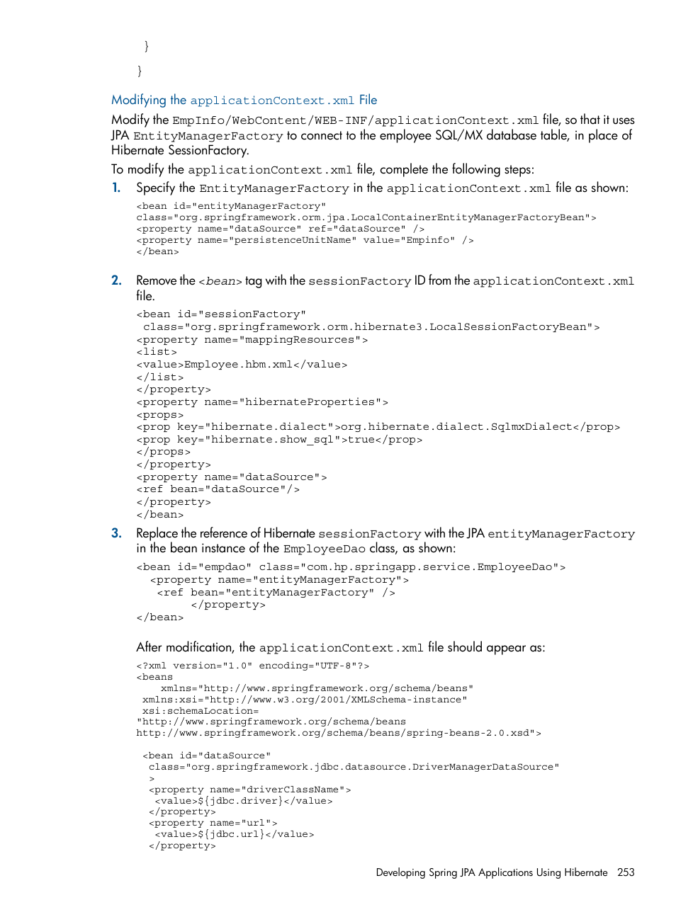 Modifying the applicationcontext.xml file | HP Integrity NonStop J-Series User Manual | Page 253 / 351