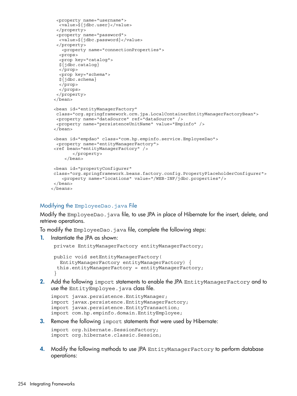 Modifying the employeedao.java file | HP Integrity NonStop J-Series User Manual | Page 254 / 351